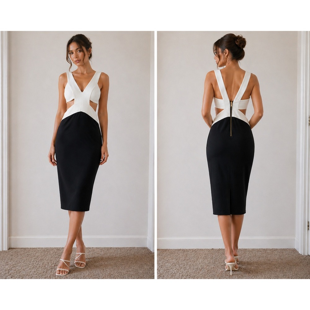 Hot Miami Styles Midi Medium Black White‎ Colorblock Cutout Bandage Dress